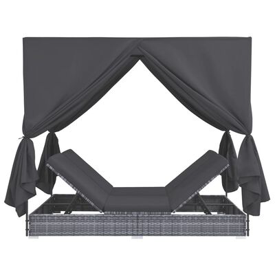 vidaXL Patio Lounge Bed with Curtains Poly Rattan Gray