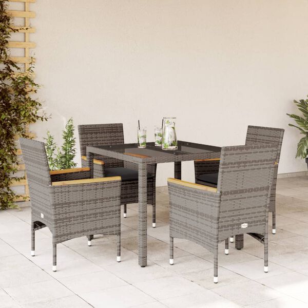 vidaXL 5 Piece Patio Dining Set with Cushions Grey Poly Rattan and Glass