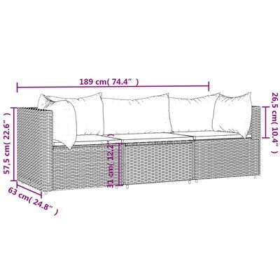 vidaXL 3 Piece Patio Lounge Set with Cushions Brown Poly Rattan