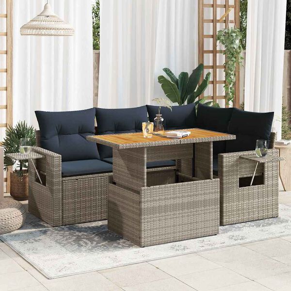 vidaXL 5 Piece Patio Sofa Set with Cushions Gray Poly Rattan