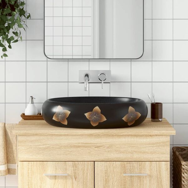 vidaXL Countertop Basin Black and Blue Oval 23.2x15.7x5.9" Ceramic