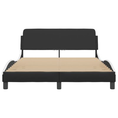 Front/face view of black bed frame with headboard and curved white side rails, showing slatted bed base.