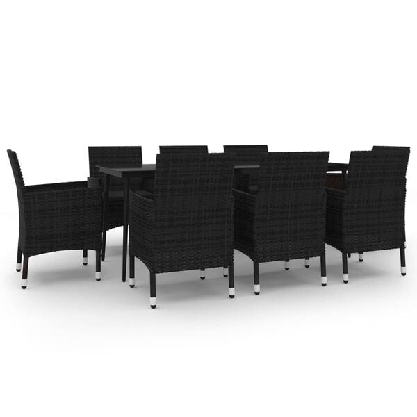 vidaXL Garden Dining Set Black PE rattan, steel, glass 9 Piece Durable