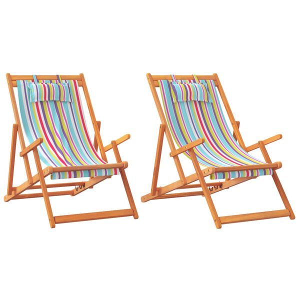 vidaXL Folding Beach Chair Set of 2 Multicolor Solid eucalyptus wood
