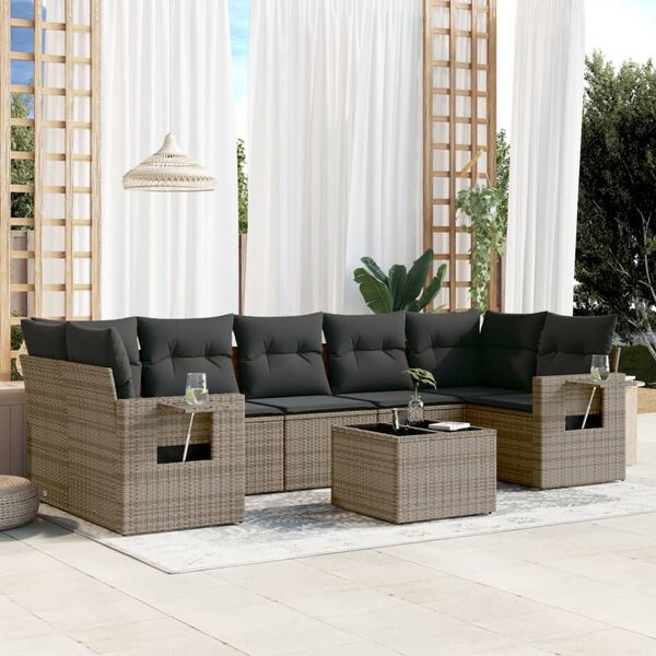 vidaXL Garden Sofa Set Grey PE rattan, powder-coated steel, tempered glass