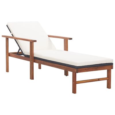 vidaXL Sun Lounger with Cushion Poly Rattan and Solid Acacia Wood Black