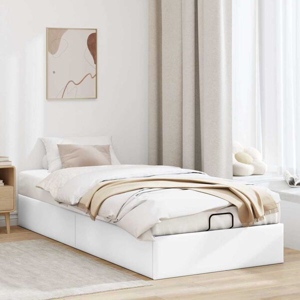 vidaXL Ottoman Bed Frame White Faux leather, metal, plywood, engineered wood
