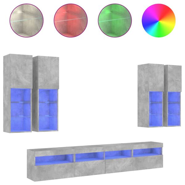 vidaXL 7 Piece TV Wall Stand Set with LED Lights Concrete Gray