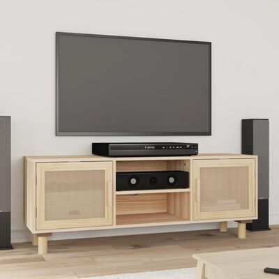 vidaXL TV Stand Brown 41.3"x11.8"x15.7" Solid Wood Pine&Natural Rattan