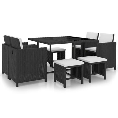 vidaXL 9 Piece Patio Dining Set with Cushions Poly Rattan Black