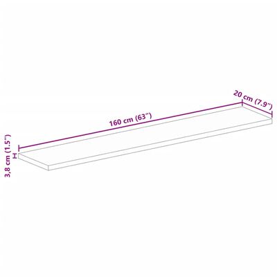 Technical diagram showing a long shelf with dimensions 160 cm, 63" and depth 20 cm. 