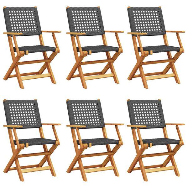 vidaXL Folding Patio Chairs 6 pcs Black Poly Rattan and Solid Wood