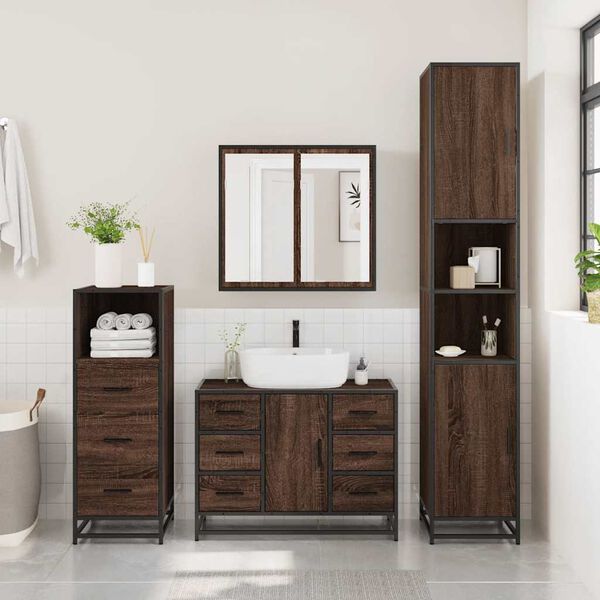 vidaXL Bathroom Furniture Set Brown Oak Engineered Wood, Metal, Glass