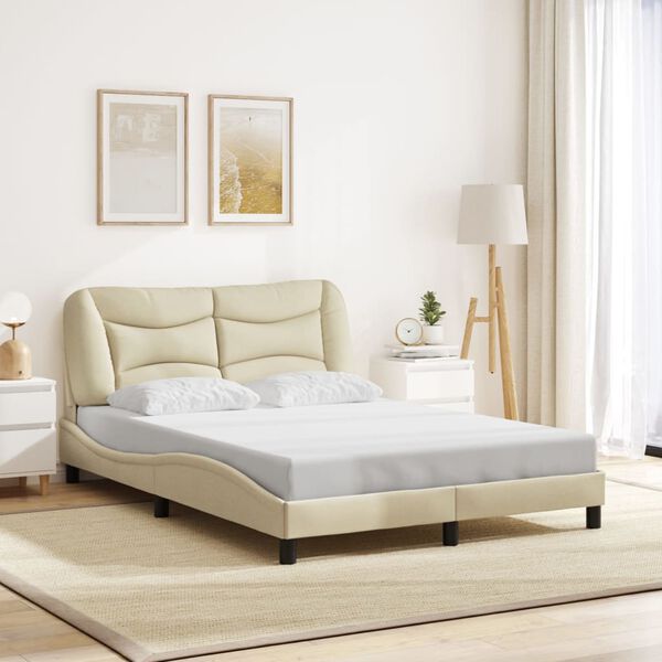 vidaXL Bed Frame Cream Polyester, Metal, Solid Pine Wood, Plywood Full