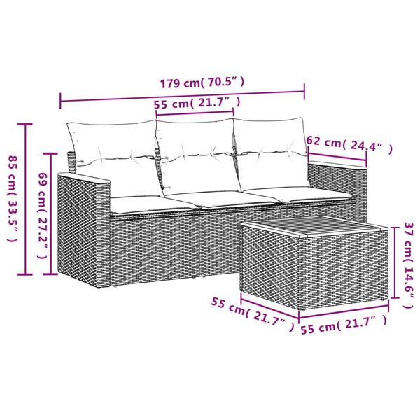 vidaXL 4 Piece Patio Sofa Set with Cushions Black Poly Rattan