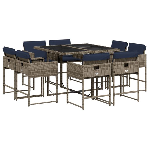vidaXL Patio Dining Set Set of 8 Gray PE rattan 9 Piece Set Foldable