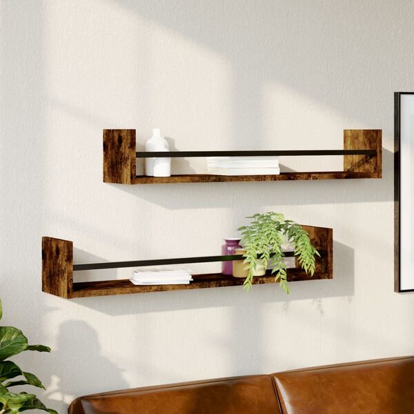 vidaXL Wall Shelf Set of 2 Smoked oak Engineered wood, steel Wall Shelf