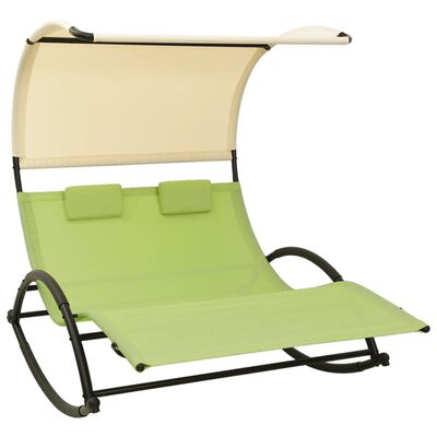 vidaXL Double Sun Lounger with Canopy Textilene Green and Cream