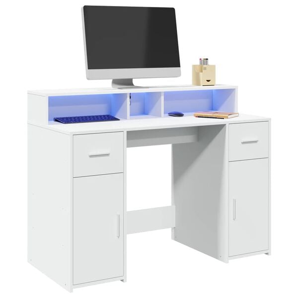 vidaXL Desk with LED Lights White 47.2x21.7x35.8" Engineered Wood