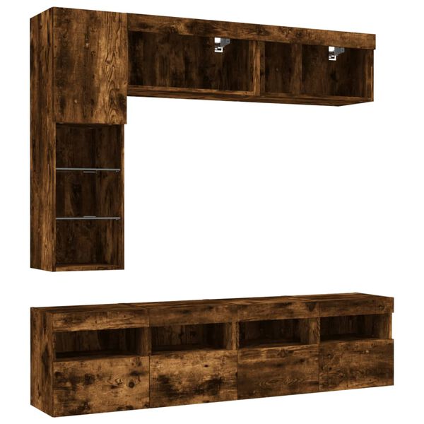 vidaXL 7 Piece TV Wall Stand Set with LED Lights Smoked Oak