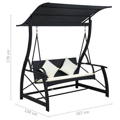 vidaXL 3-Seater Garden Swing Bench with Canopy Poly Rattan Black