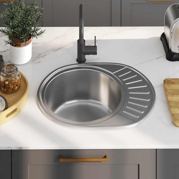 vidaXL Kitchen Sink with Strainer Oval Stainless Steel