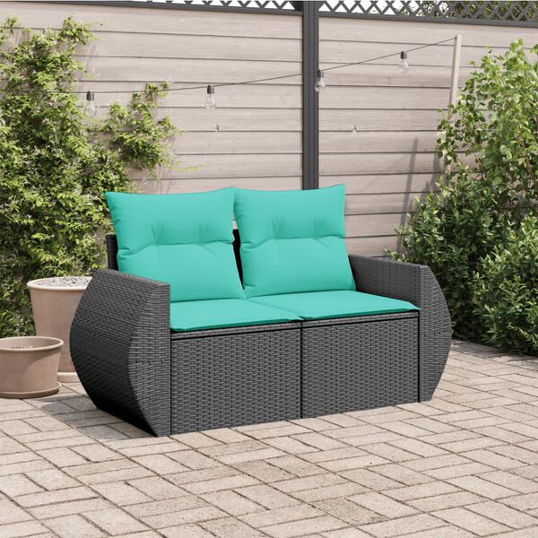 vidaXL Garden Sofa Black and Blue PE Rattan, Powder-Coated Steel, Polyester