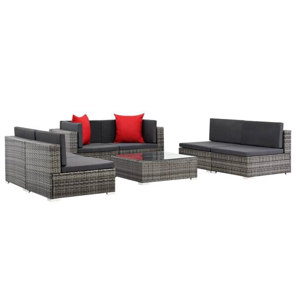 vidaXL Sofa Set Grey rattan, Dark grey cushion, Red pillow