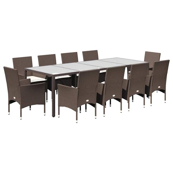 vidaXL 11 Piece Patio Dining Set with Cushions Brown Poly Rattan and Glass