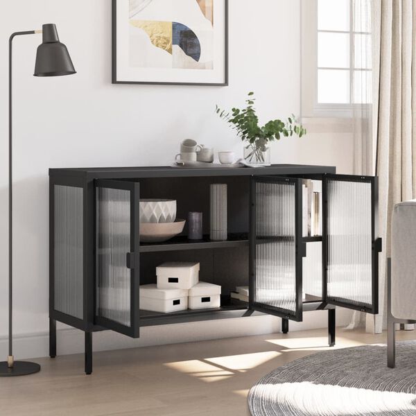 vidaXL Sideboard Black Powder-Coated Steel, Fluted Glass Medium