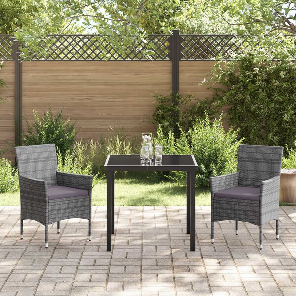 vidaXL Garden Dining Set with Cushion 3 pcs Grey Poly Rattan