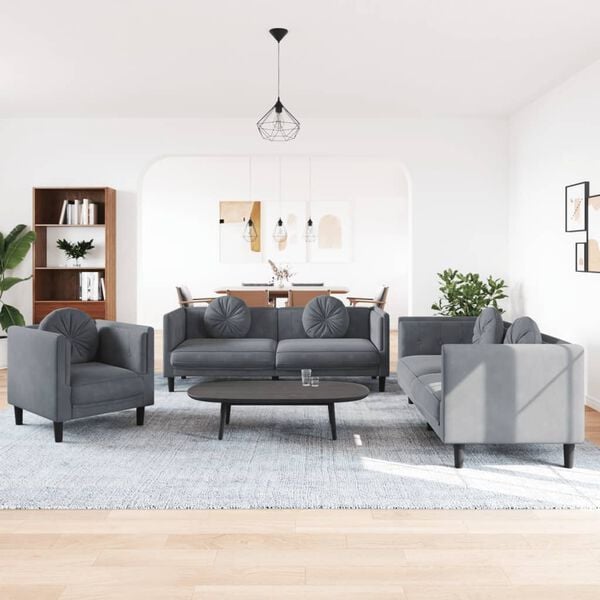 vidaXL Sofa Set Dark grey Velvet (100% polyester), plywood, solid wood