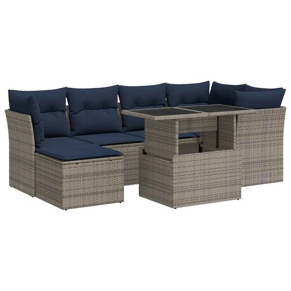 vidaXL 7 Piece Patio Sofa Set with Cushions Gray Poly Rattan Acacia