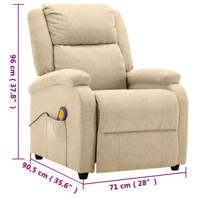 Beige reclining chair with dimensions in centimeters labeled 96 cm height, 90.5 cm width, 71 cm depth
