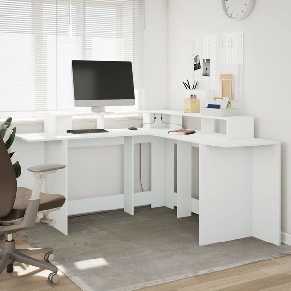 vidaXL Desk White Engineered wood Compact Desk Modern L-Shaped Desk