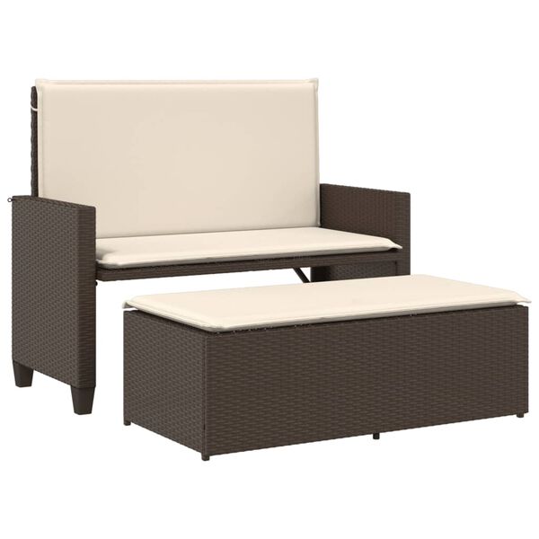 vidaXL Patio Bench with Cushions and Footstool Brown Poly Rattan