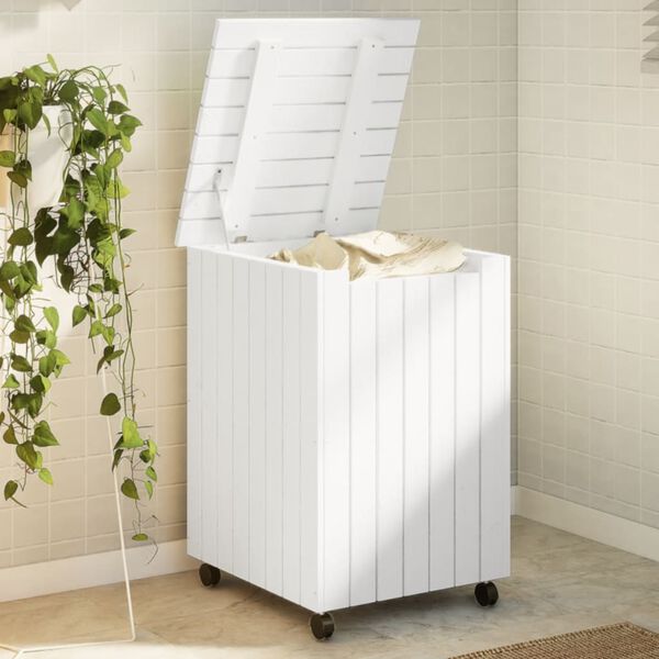 vidaXL Laundry Basket with Wheels "RANA" White 17.7x17.7x25.2" Solid Wood Pine