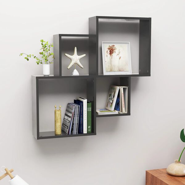 vidaXL Wall Cube Shelf High gloss gray Engineered wood Large
