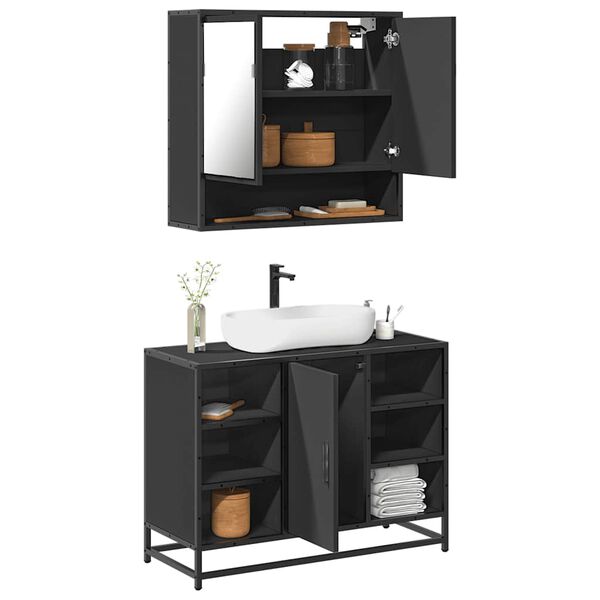 vidaXL Bathroom Furniture Set Black Engineered wood, metal, glass Medium