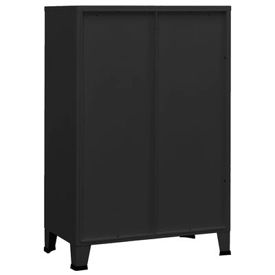 Back view of a tall black cabinet showing two doors and the left side edge.