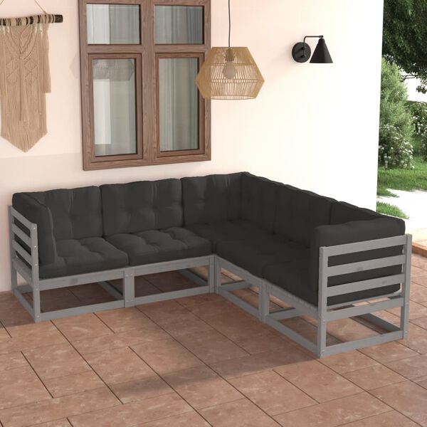vidaXL Garden Lounge Set Grey Solid pinewood, 100% polyester fabric