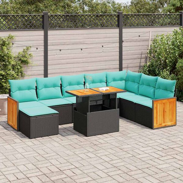 vidaXL 11 Piece Patio Sofa Set with Cushions Black Poly Rattan Acacia