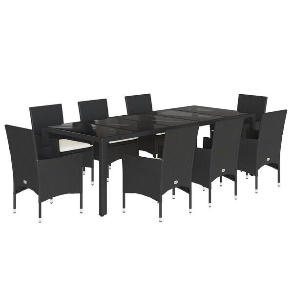 vidaXL 9 Piece Patio Dining Set with Cushions Black Poly Rattan and Glass