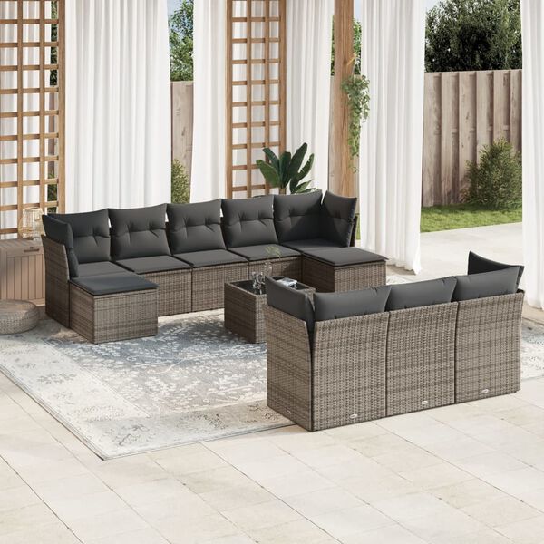 vidaXL Garden Sofa Set Grey PE Rattan, Powder-Coated Steel, Tempered Glass