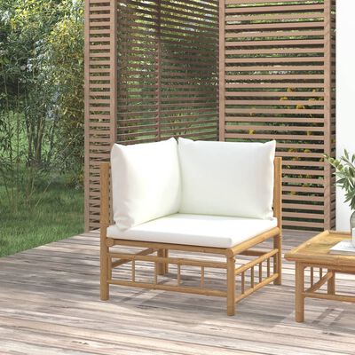 vidaXL Patio Corner Sofa with Cream White Cushions Bamboo