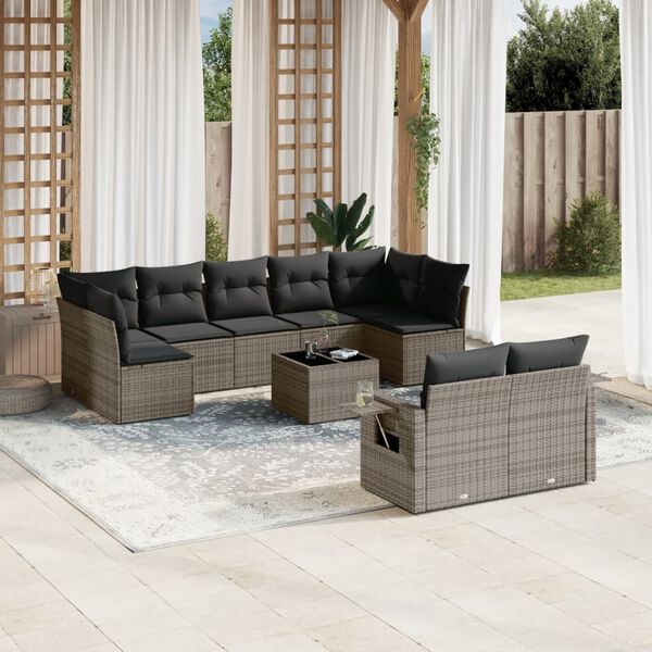 vidaXL Garden Sofa Set Grey PE Rattan, Powder-Coated Steel, Tempered Glass