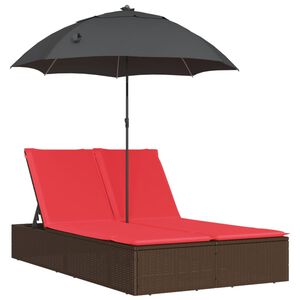 vidaXL Double Sun Lounger with Cushions&Parasol Brown Poly Rattan
