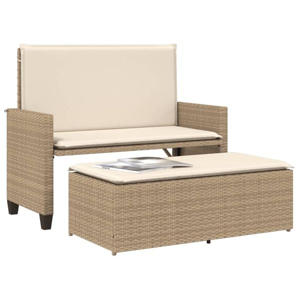 vidaXL Patio Bench with Cushions and Footstool Beige Poly Rattan