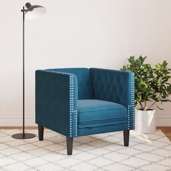 vidaXL Chesterfield Sofa Chair Blue Velvet, Plywood, Solid Wood Single