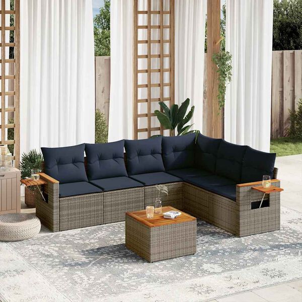 vidaXL 7 Piece Patio Sofa Set with Cushions Grey Poly Rattan (US only)
